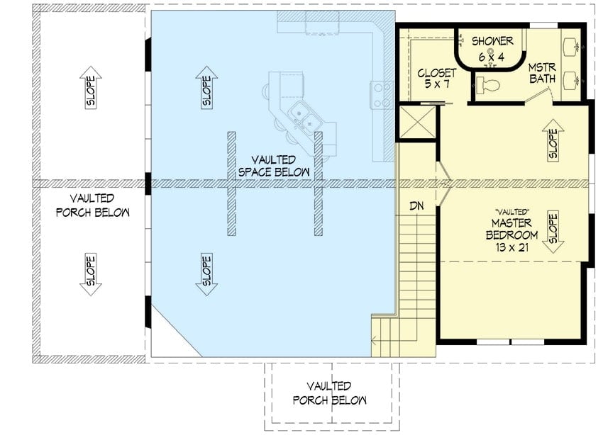 二层平面图，主套房配有完整的浴室和步入式衣柜。