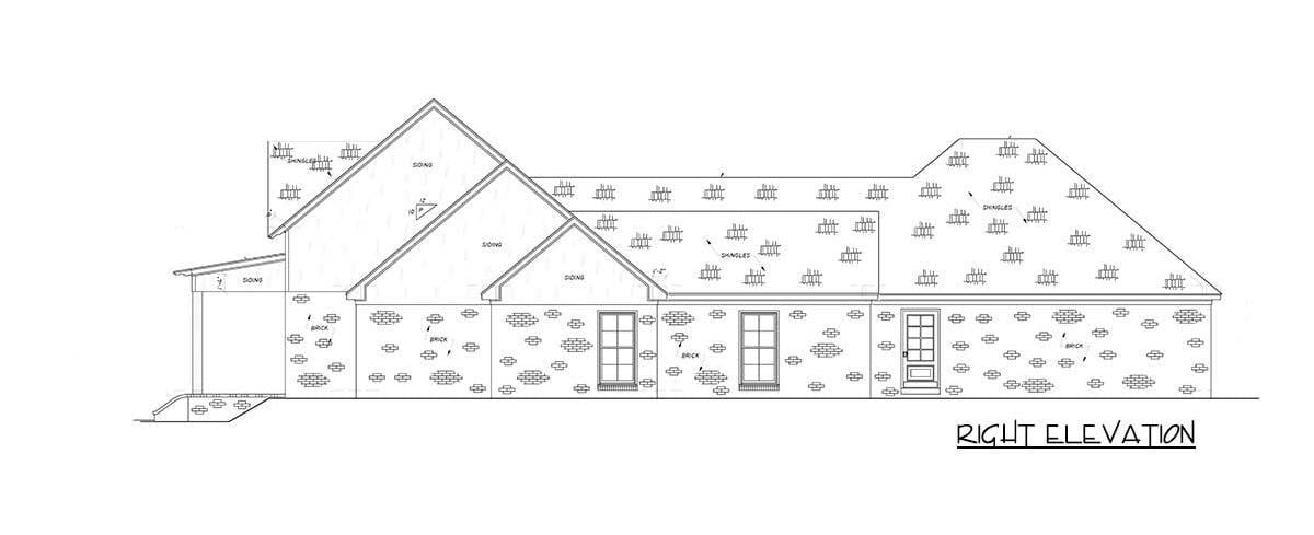 四卧室单层牧场住宅的右立面草图。