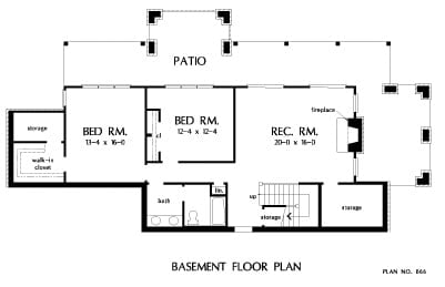地下室平面图有两间卧室和一间通往宽敞露台的娱乐室。