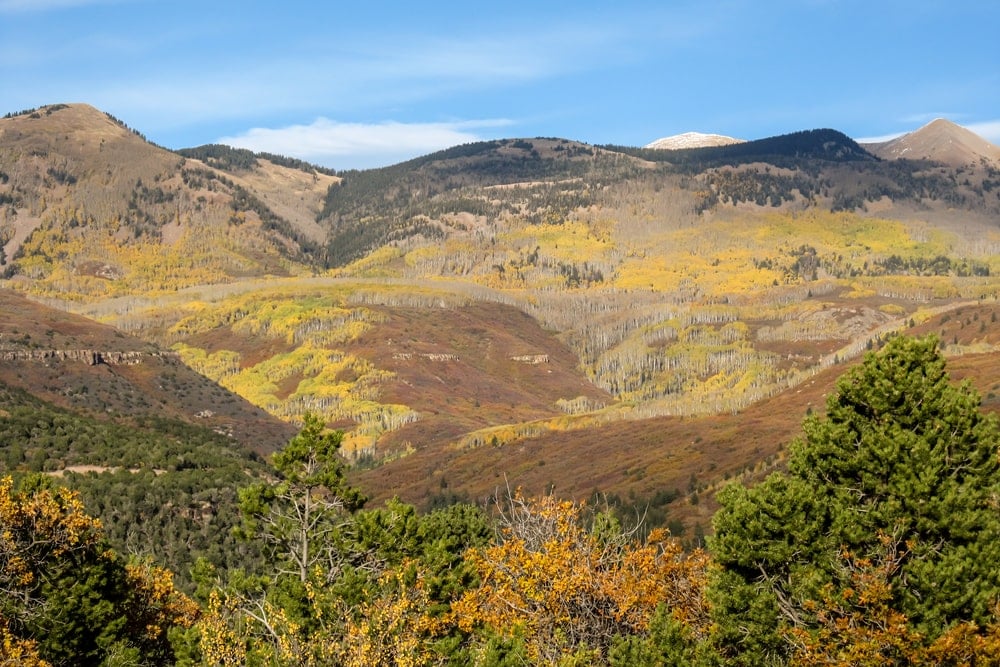 群山覆盖着布满秋天色彩的灌木橡树。