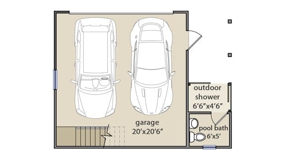 独立的车库平面图，带有室外淋浴和泳池浴缸。