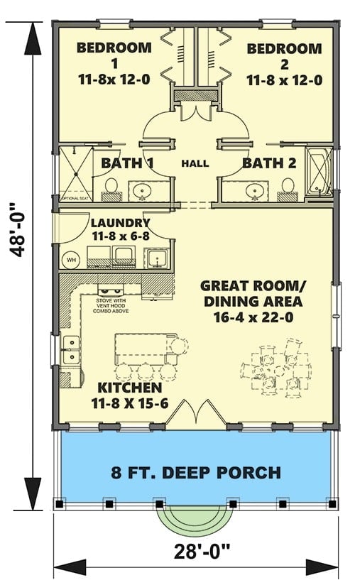 单层2卧室的启动或度假屋的整个平面图，带有前廊，大房间/用餐区，厨房，洗衣房，两间卧室和两个浴室。