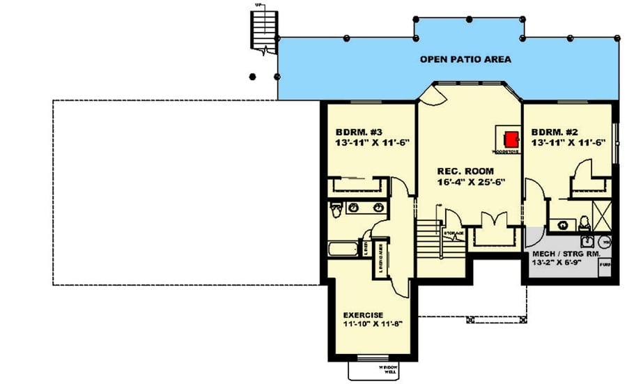 底层平面图有两间卧室,锻炼的房间,和一个娱乐室,打开后面的露台。