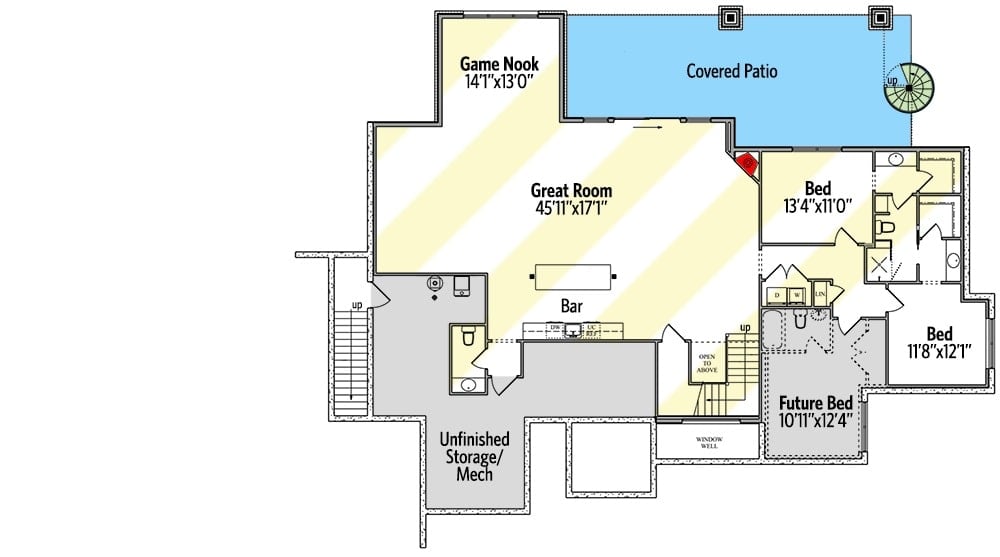 低层平面图有三间卧室和一个巨大的大房间，有一个湿酒吧和一个游戏角。