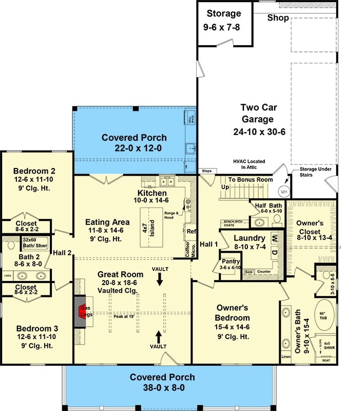 一个4卧室单层新美国家庭的主楼平面图，前后门廊，大房间，用餐区，厨房，洗衣房和三间卧室，包括主套房。
