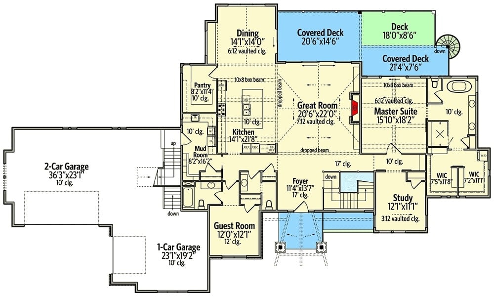 5间卧室的单层现代山地住宅的主要楼层平面图，带有前后门廊，门厅，大房间，厨房，用餐区，书房，储藏室和两间卧室，包括主要套房和客房。