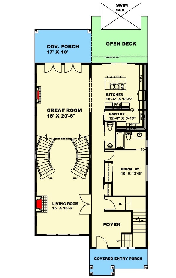 这是一栋5间卧室的三层工匠住宅的主层平面图，带有前后门廊、门厅、客厅、大客厅、一间卧室和一间通往后甲板的厨房。