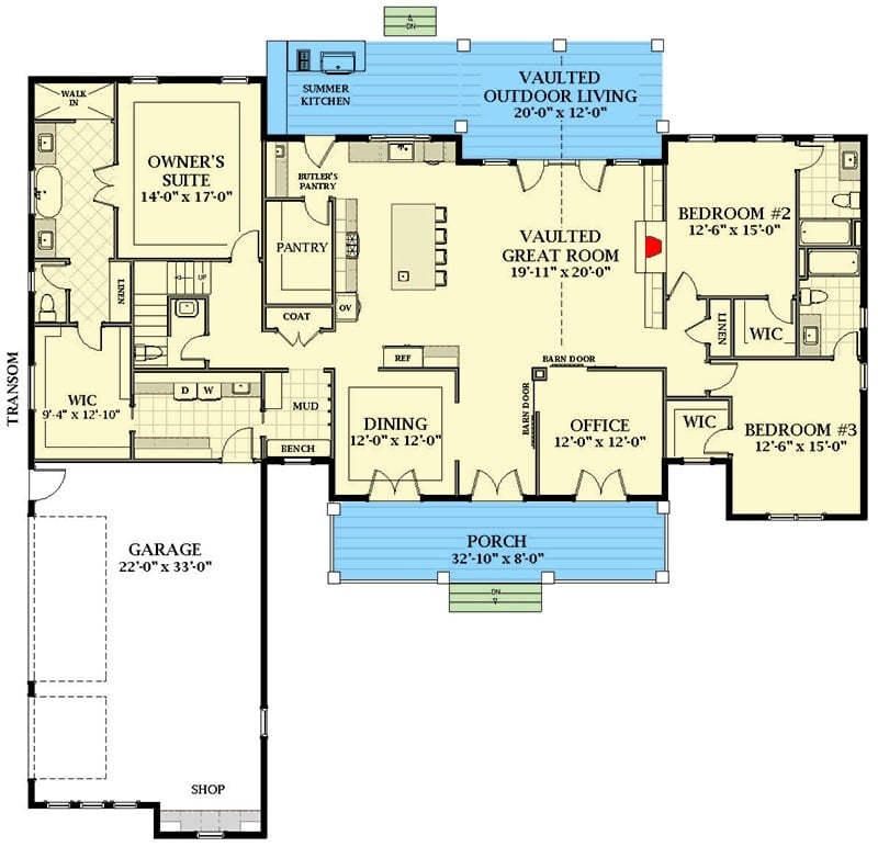 3主级两层的平面图卧室与前后门廊,大厅,办公室,正式饭厅,拱形的大房间,厨房,三个卧室,一个寄存室,洗衣房,打开的车库。