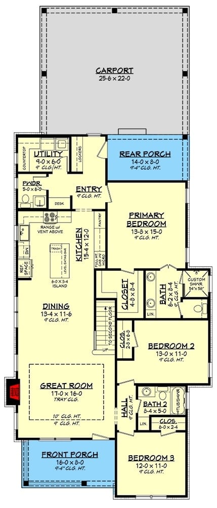 两层四卧室农舍的主要楼层平面图，带有前后门廊，大房间，用餐区，厨房，杂物间和三间卧室，包括主要套房。
