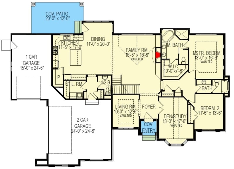 两层6卧室工匠住宅的主要平面平面图，设有门厅，家庭娱乐室，用餐区，厨房，书房/书房，杂物间和两间卧室，包括主要套房。