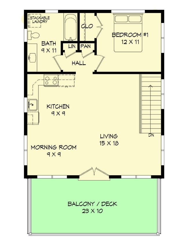 二层平面图,卧室,浴室,厨房,早上的房间,和生活区域,打开阳台。