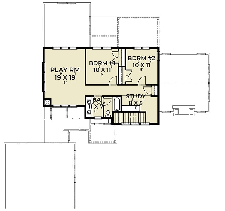 二层平面图有两间卧室，一间游戏室和一间书房阁楼。