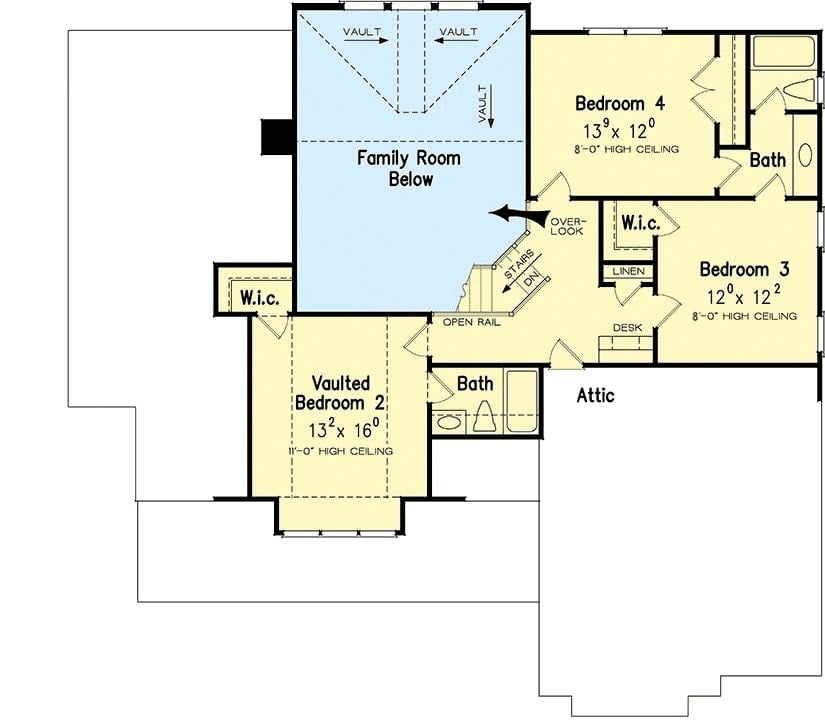 二层平面图有三间卧室，两间浴室和一个开放式阁楼。