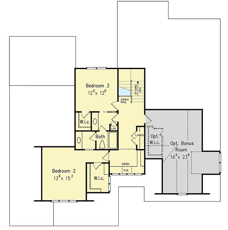 二层平面图有两间卧室，一间完整的浴室和一间阁楼。