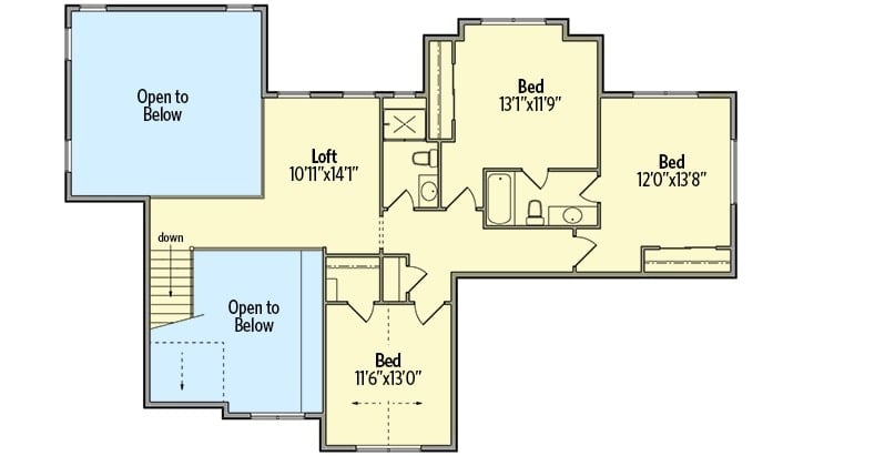二层平面图，有三间卧室和一间阁楼。