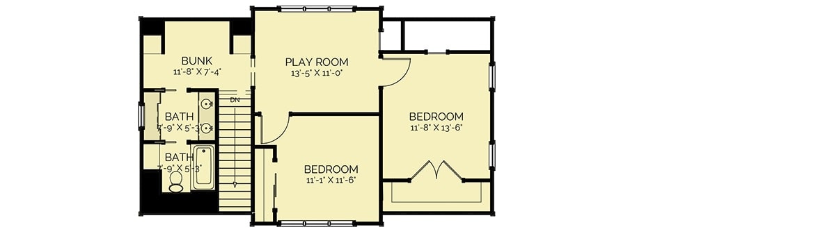 二级平面图有两间卧室,一个浴室,一个游戏室,床铺的房间。