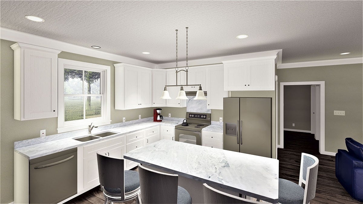 厨房配有石板电器、大理石台面、白色橱柜和早餐岛。