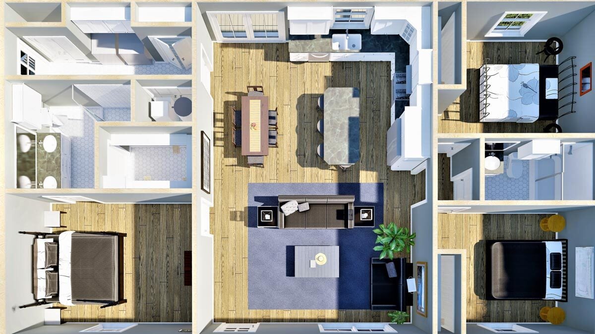 单层三卧室南方乡村住宅的3D平面图。