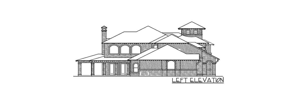 地中海式两层五卧室住宅的左立面草图。