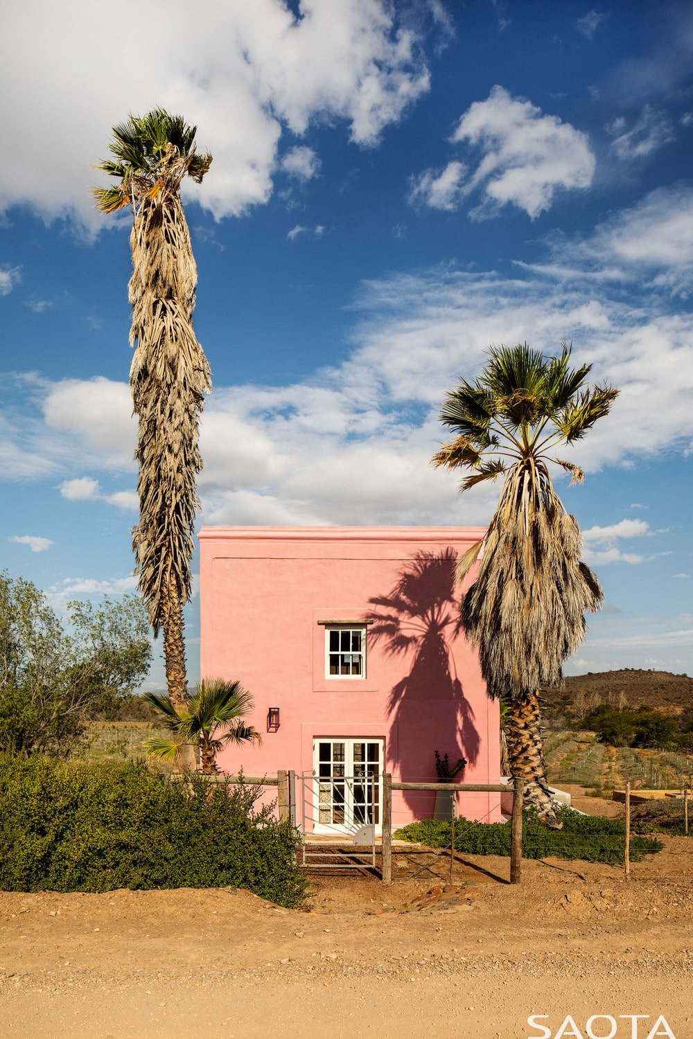 这是粉红色房子的主入口，装饰着几棵高大的热带树木和一个简单的栅栏。