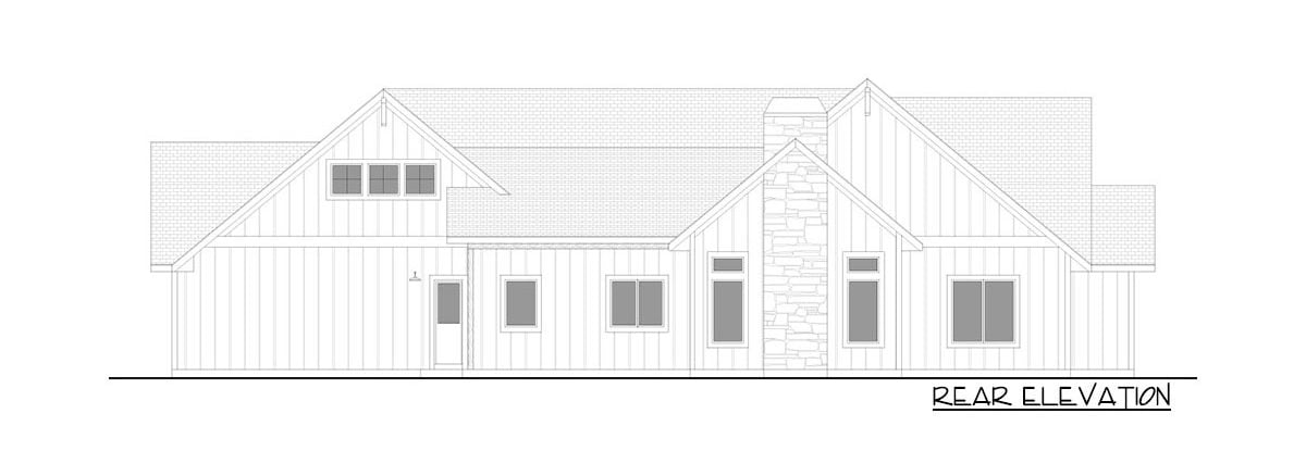 4间卧室的单层新美国农舍的仰角草图。