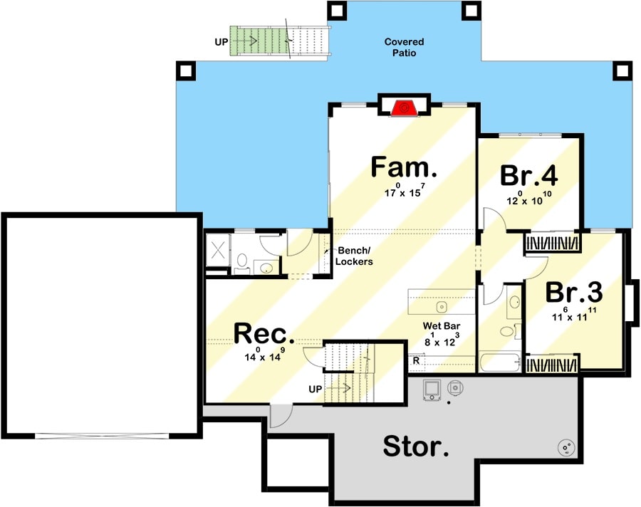 低层平面图有两间卧室，家庭娱乐室，娱乐室和巨大的存储空间。