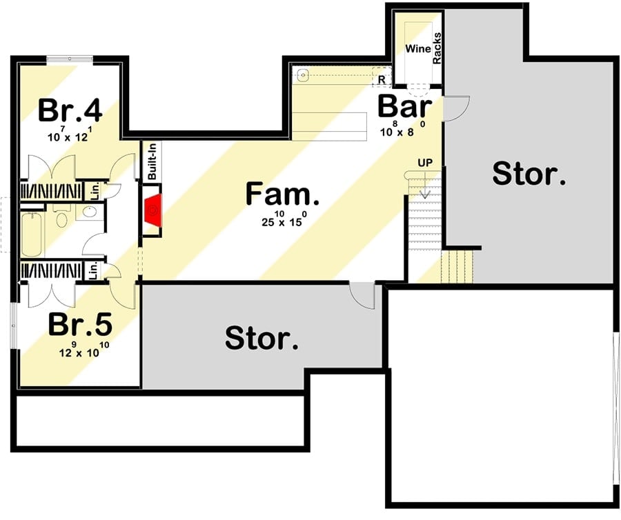 低层平面图有两间卧室和一个宽敞的家庭娱乐室，设有壁炉、湿酒吧和酒窖。