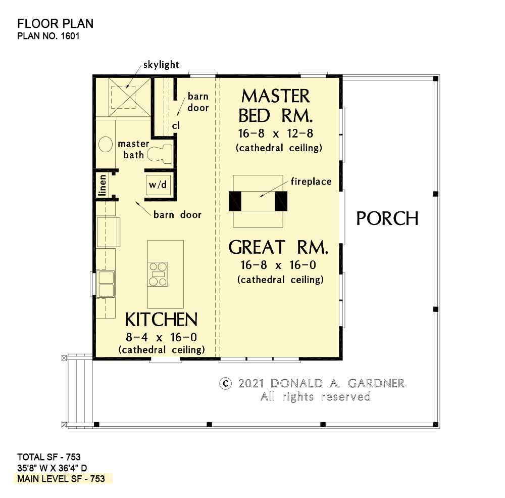 一层一卧室乡村风格的整个平面图德怀特小屋有大房间，厨房，主卧室和环绕门廊。