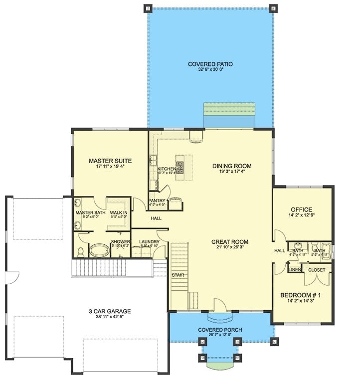 单层4卧室牧场住宅的主要楼层平面图，带有前后门廊，大房间，用餐区，厨房，办公室，洗衣房和两间卧室，包括主要套房。