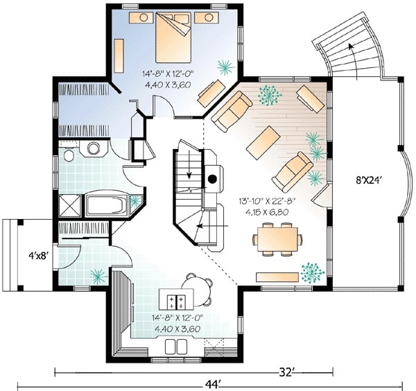 两层三卧室乡村别墅的主要楼层平面图，设有入口门廊，客厅，用餐区，厨房和主要套房。