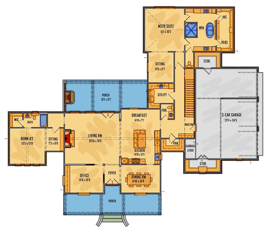 两层4卧室阿卡迪亚风格现代农舍的主楼层平面图，前后门廊，门厅，客厅，带早餐角的厨房，正式餐厅，办公室和两间卧室，包括主套房。