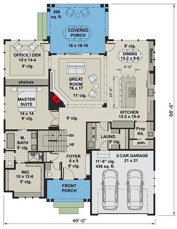 主级两层的平面图位于美国新家里前后门廊,门厅,大房间,厨房,餐厅,办公室/窝,初级套房,和洗衣房导致车库。