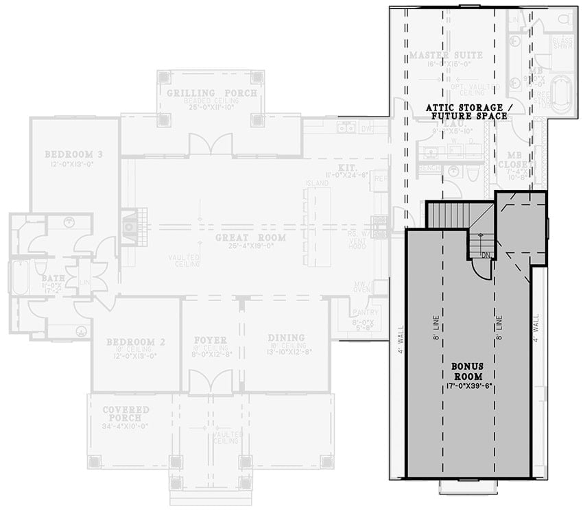 二层平面图有一个阁楼储藏室和车库上方的奖励房间。