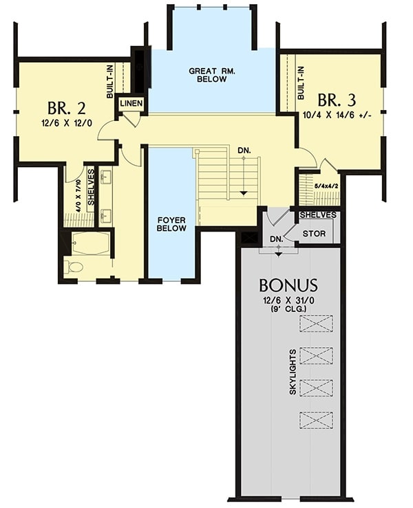 二层平面图有两间卧室，一个完整的浴室，和一个未来的奖励房间。