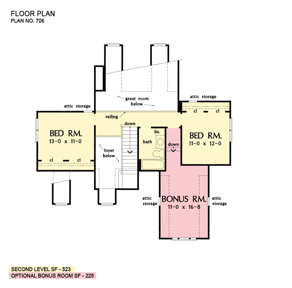 二层平面图，有两间卧室和一间共享完整浴室的奖励房间。