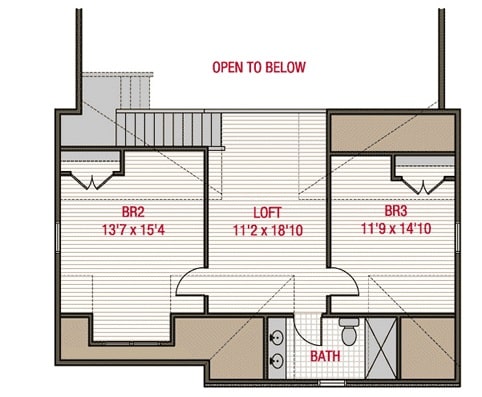 二层平面图有两间卧室，一个完整的浴室和一个阳台阁楼。
