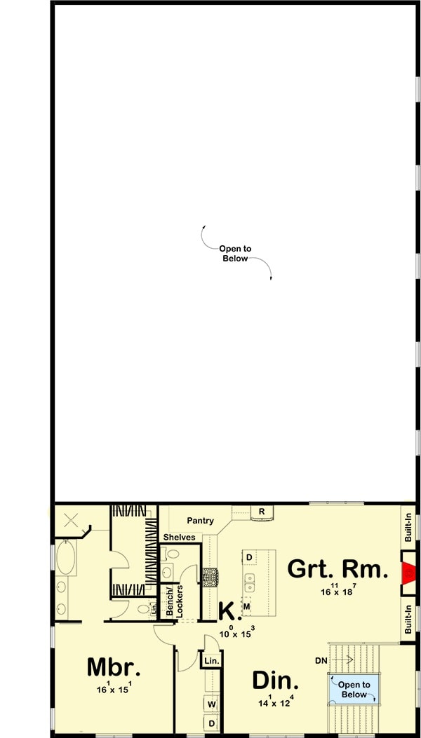 二层平面图，主要卧室，厨房，餐厅区和大房间。