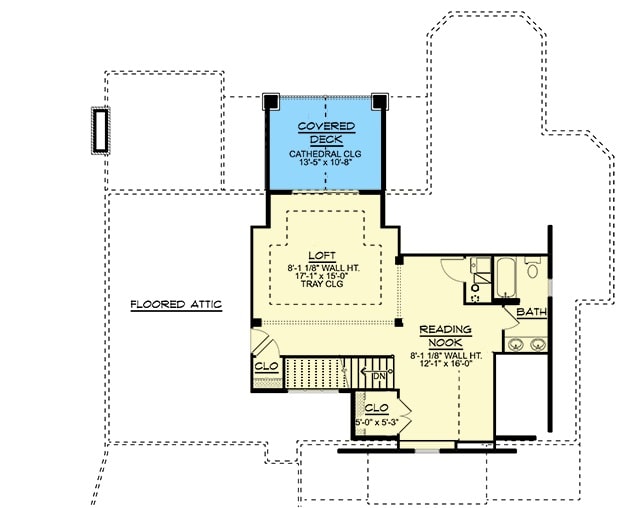 二层平面图有阅读角，一个完整的浴室和一个阁楼，延伸到一个有盖的甲板。