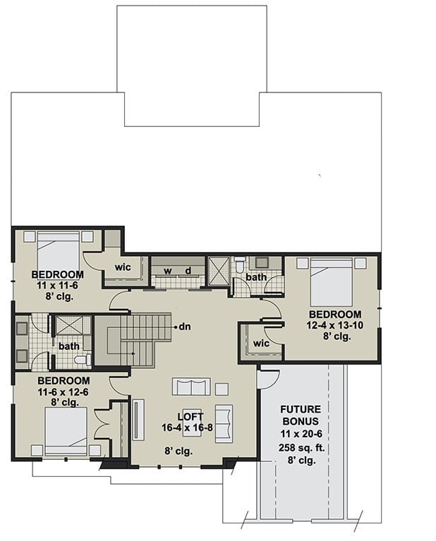 二层平面图和三个卧室,一个宽敞的阁楼,未来红利的房间。