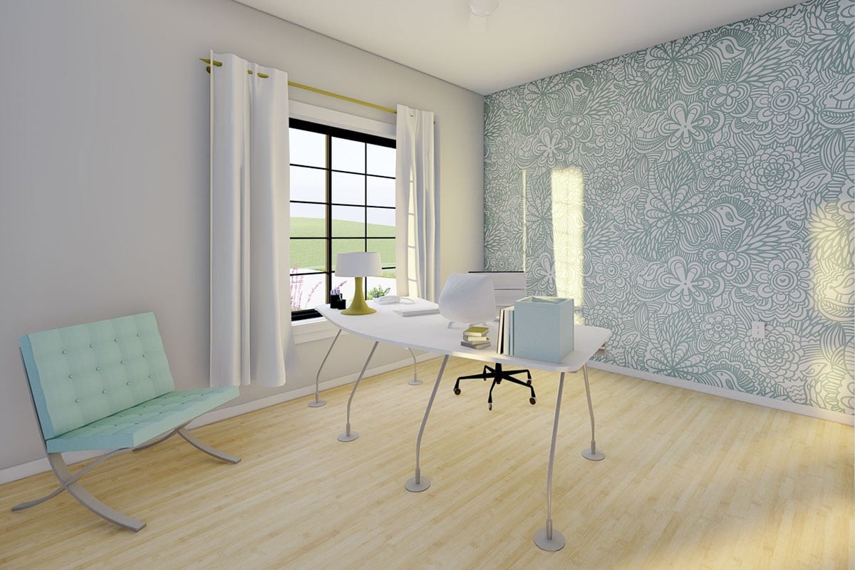 家庭办公室配备了一个簇绒长椅，一个现代的白色办公桌和一个转椅。