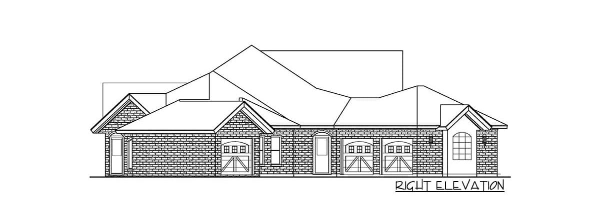 单层三卧室多代丘陵乡村住宅的右立面草图。