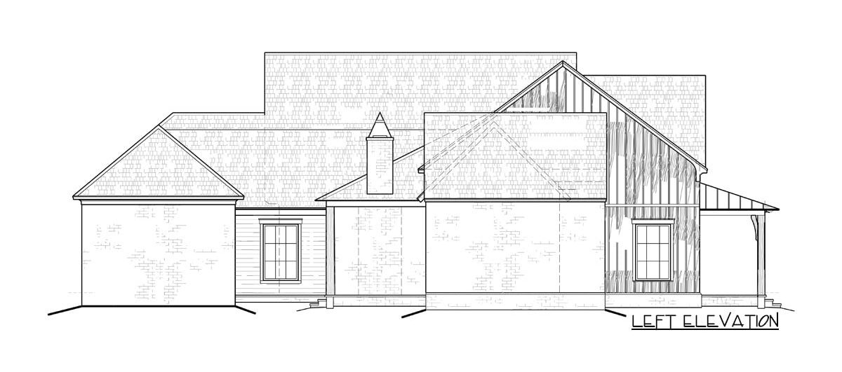 左立面草图的两层四卧室阿卡迪亚风格的现代农舍。