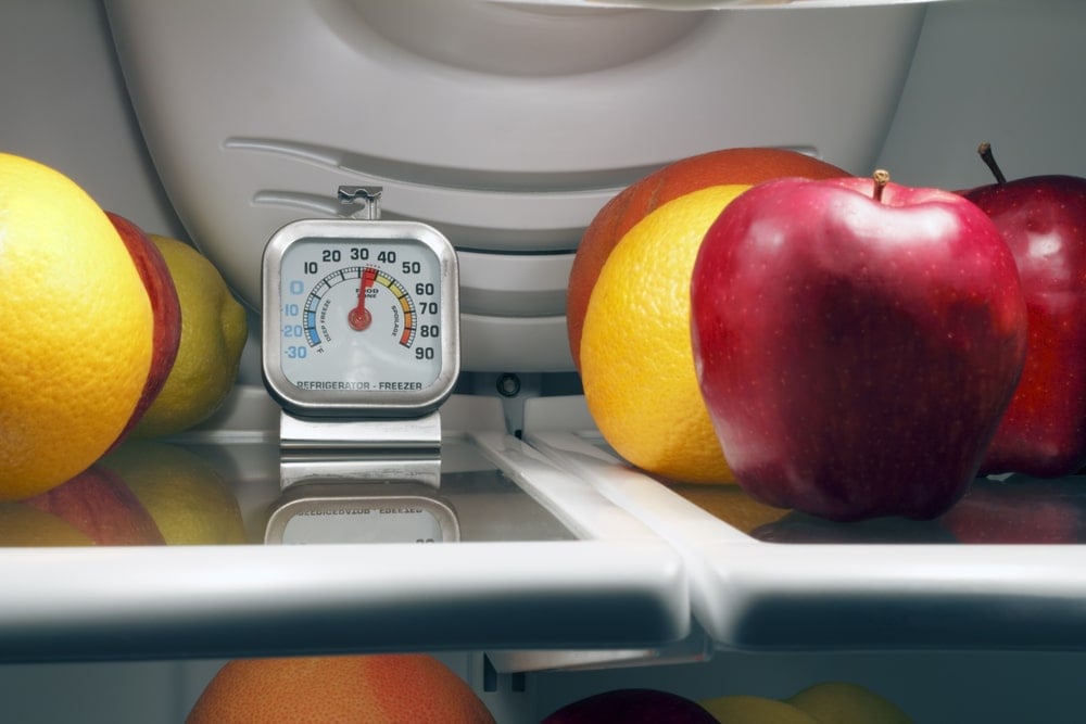 冰箱里有一个冰箱温度计和一些水果。