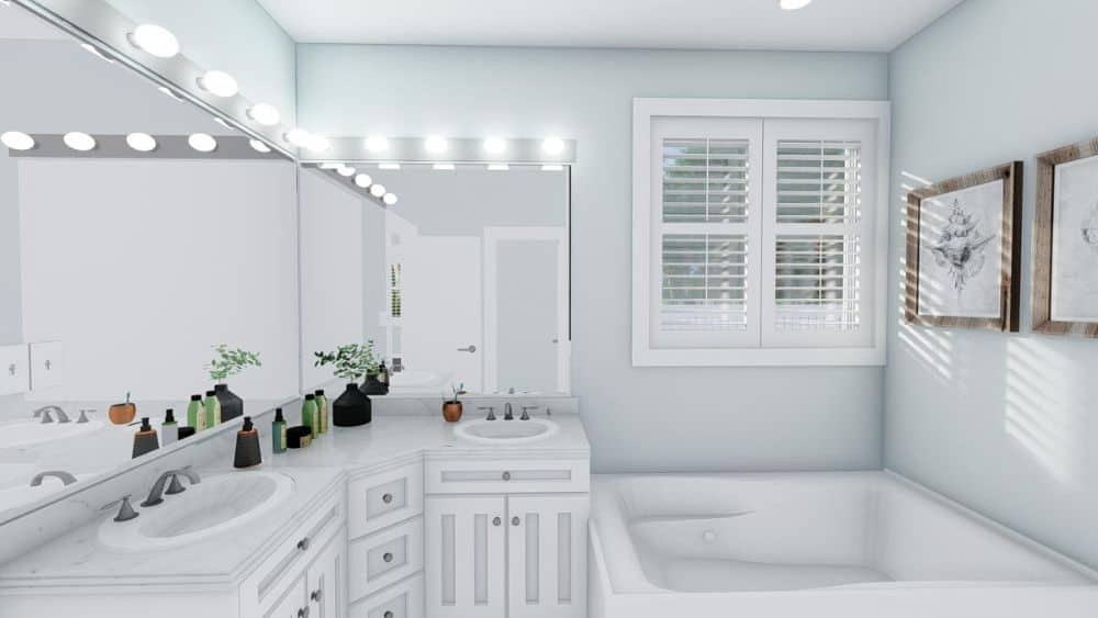 主浴室设有深浴缸和双洗手池梳妆台，配有无框镜子。