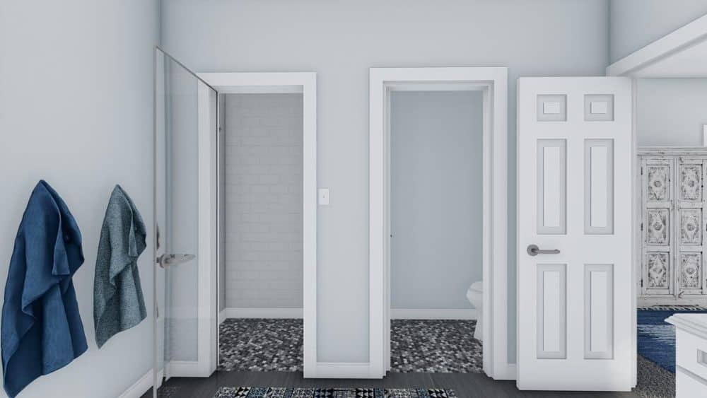 步入式淋浴间和卫生间均铺有马赛克瓷砖地板。