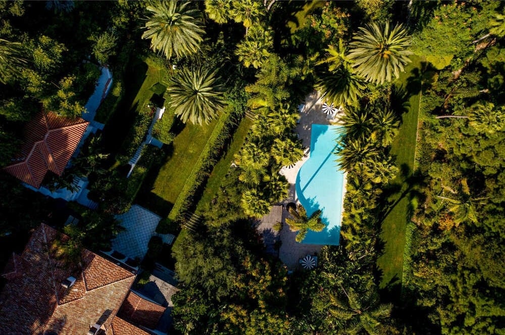 这是该物业的鸟瞰图，展示了被茂密的灌木和树木环绕的大型游泳池。图片来自Toptenrealestatedeals.com。