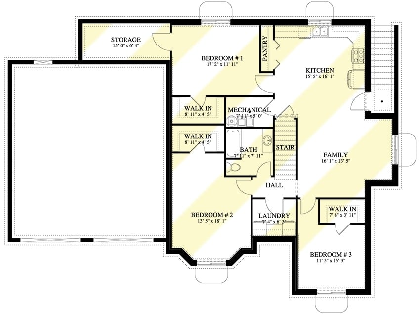 低层平面图，设有三卧室公寓，配有厨房，家庭娱乐室，洗衣房和储藏室。