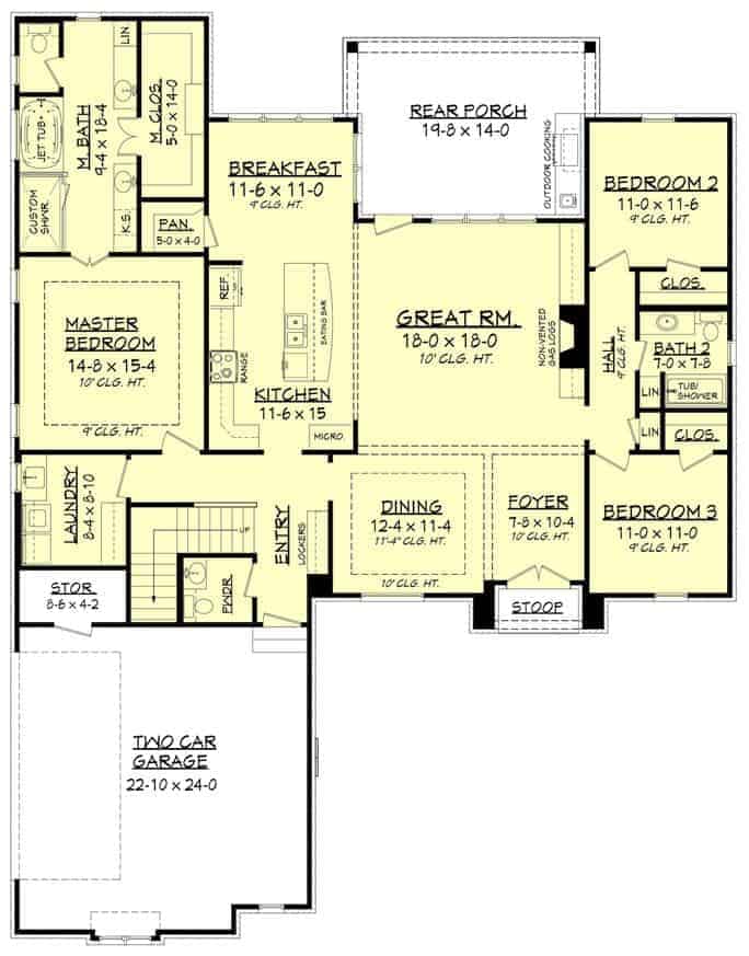 三卧室单层阿卡迪亚住宅的主要楼层平面图，设有门厅，大房间延伸到后门廊，正式餐厅，厨房，早餐角，洗衣房和三间卧室，包括主要套房。