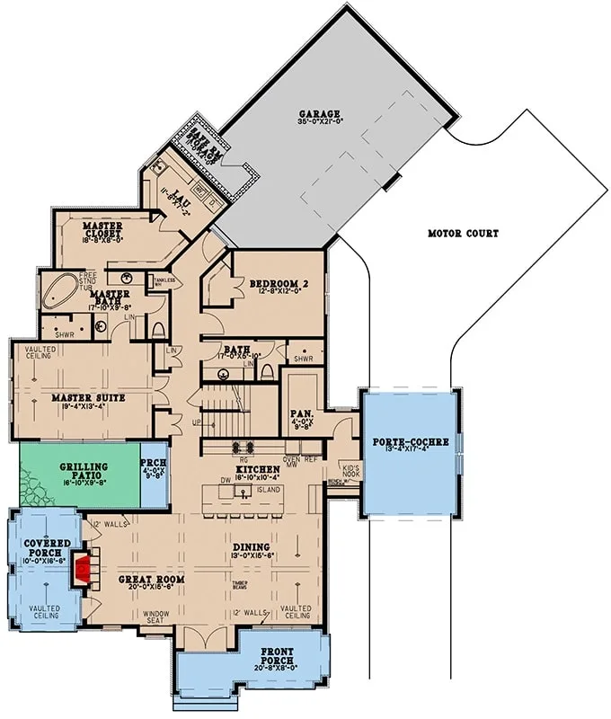 3主级平面图的卧室两层现代欧式过渡与伟大的房间,diinng区,厨房,洗衣间,两间卧室,包括主套和大量的室外空间。