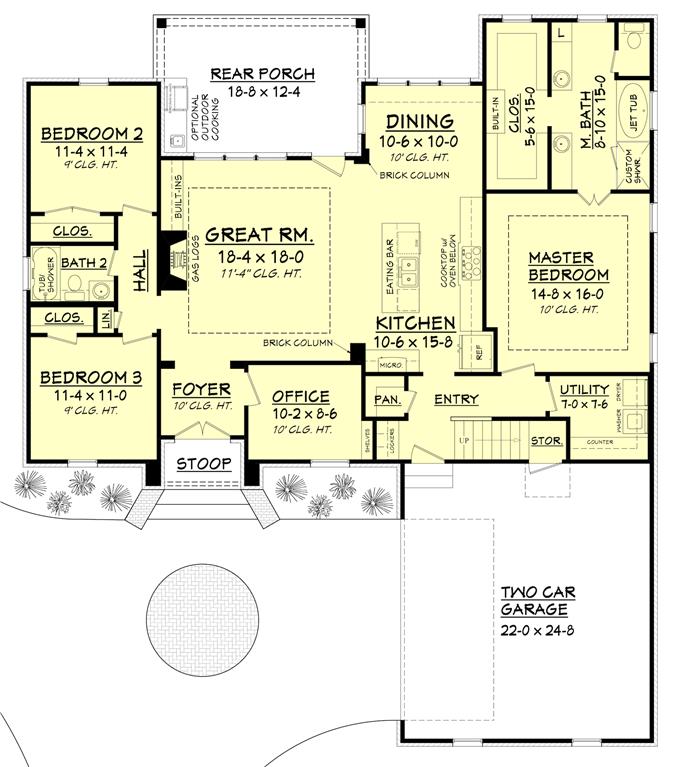 一幢单层三卧室阿卡迪亚住宅的主要楼层平面图，带有前后门廊、门厅、大房间、用餐区、厨房、办公室、三间卧室、杂物间和一间通往双车库的储藏室。